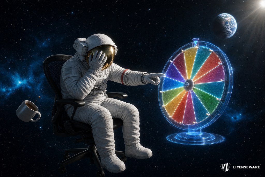 An astronaut in an office chair reaching to spin a glowing wheel of fortune while holding his head, Earth in the distance: leaving a software decision to chance instead of visibility