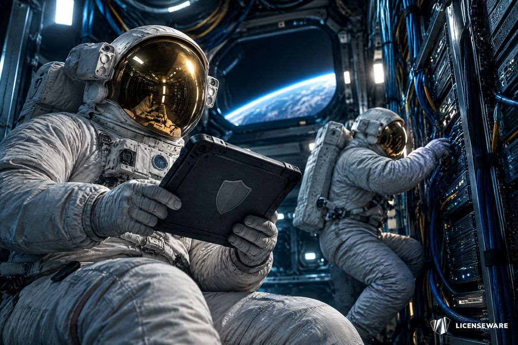 An astronaut reviewing a shielded tablet of findings while a second astronaut works a server rack behind them, Earth in the window: reading an audit report