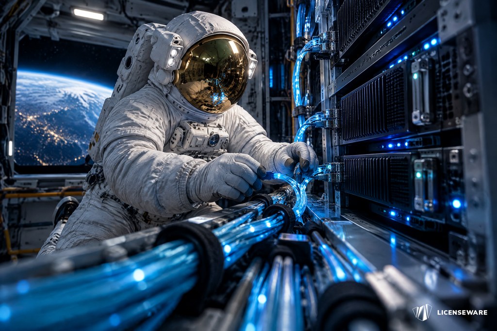 An astronaut connecting glowing blue data cables to a server rack, Earth in the window: wiring infrastructure data into place