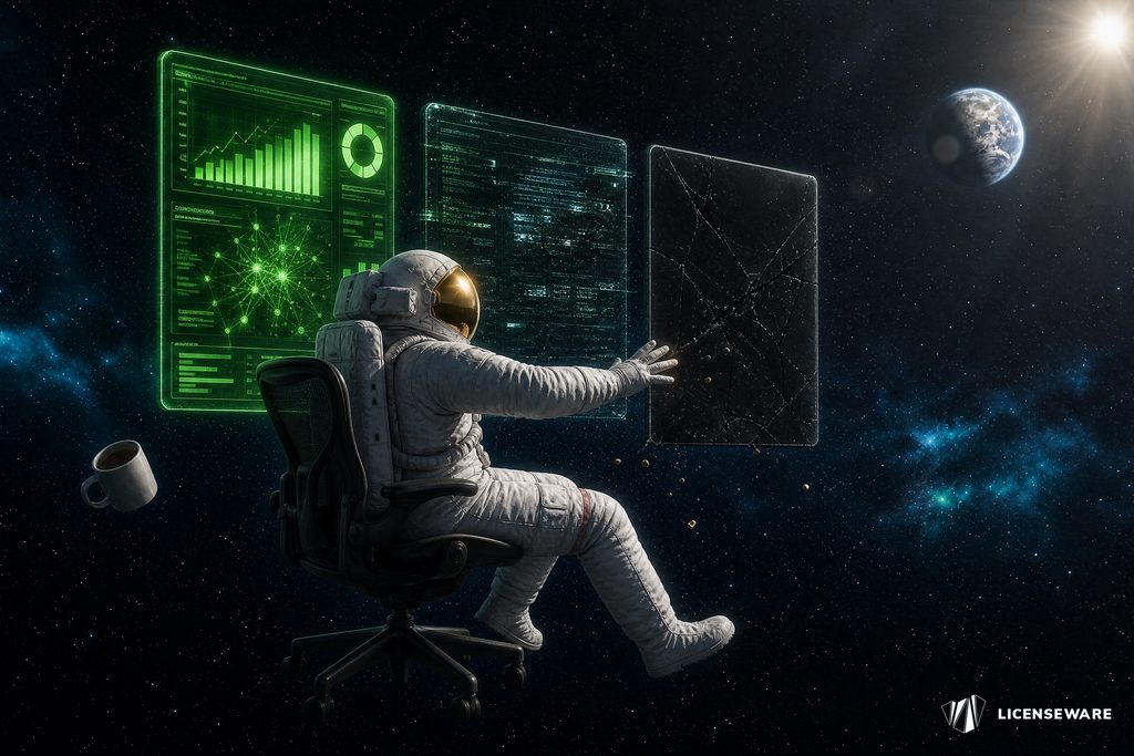 An astronaut in an office chair adrift in space, reaching toward three floating screens: a glowing green dashboard, a panel of raw data and a cracked blank pane
