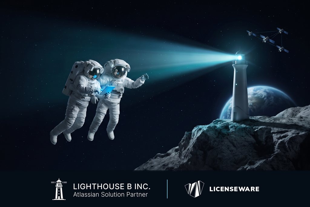 Two astronauts with a tablet floating towards a lighthouse on the Moon, Earth behind it; Lighthouse B and LICENSEWARE logos