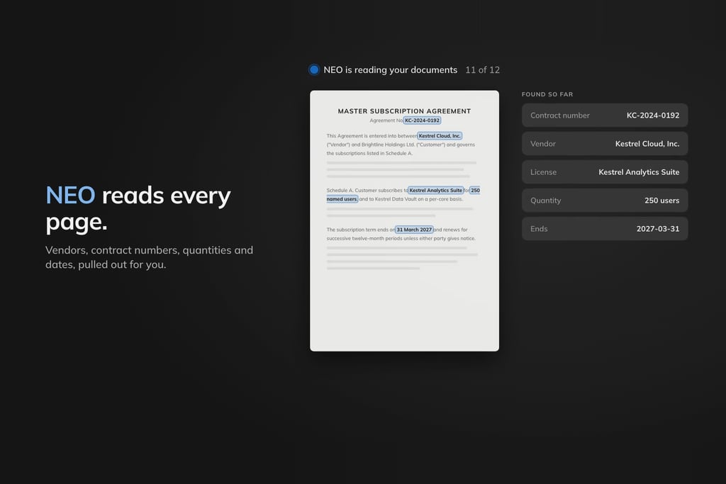 NEO reading a master subscription agreement in License and Contracts Manager and listing the contract number, vendor, license, quantity and end date it found