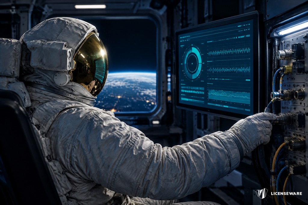 An astronaut monitoring dashboards beside a rack of blinking hardware, Earth in the window: watching hosts and guests for coverage gaps