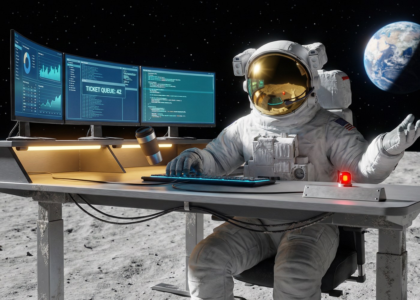 An astronaut monitoring license, deployment and usage dashboards across three screens at a desk on the moon, Earth in the background