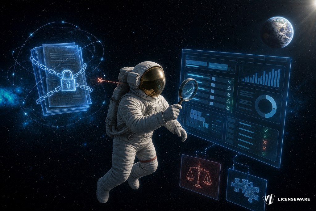 An astronaut inspecting a floating compliance dashboard with a magnifying glass, a locked chained document, scales of justice and checklist panels, Earth in the window: auditing a software license position