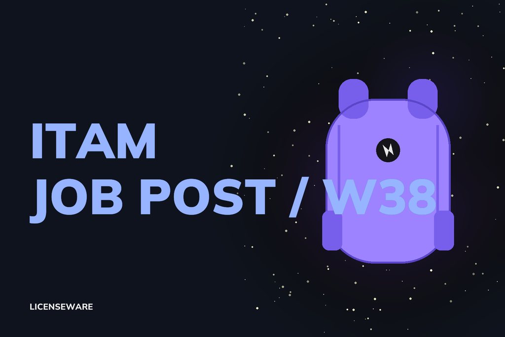 ITAM job post, week 38: Shaun Ashbury and Alex Cojocaru with a purple backpack carrying the LICENSEWARE logo in space