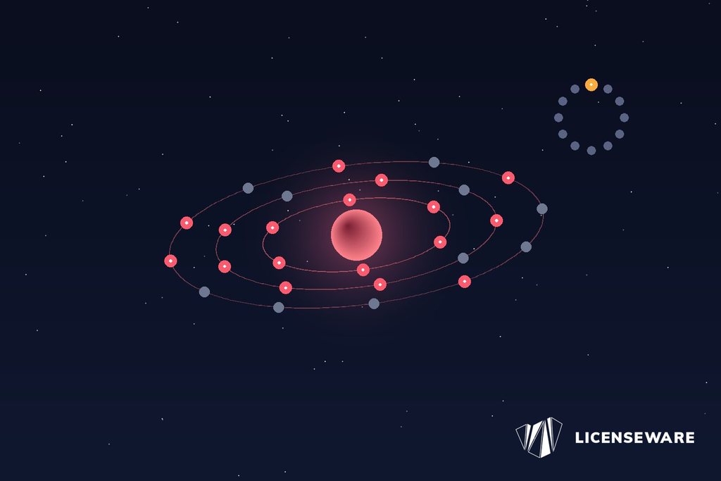 A coral planet with rings of satellites, some lit and some grey and idle, beside a ring of twelve markers with one lit in amber: named-user seats in use and idle, ahead of the anniversary