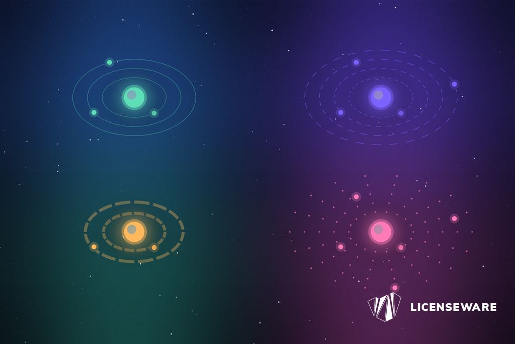 Four small star systems in a grid, each with its own kind of orbit: solid rings, dashed rings, a segmented band and a ring of dots