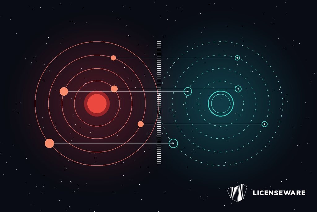 A solid red planet and its moons beside a teal outline copy drawn in dashed orbits, joined by sight lines through a scanning beam: software rebuilt from observed behaviour