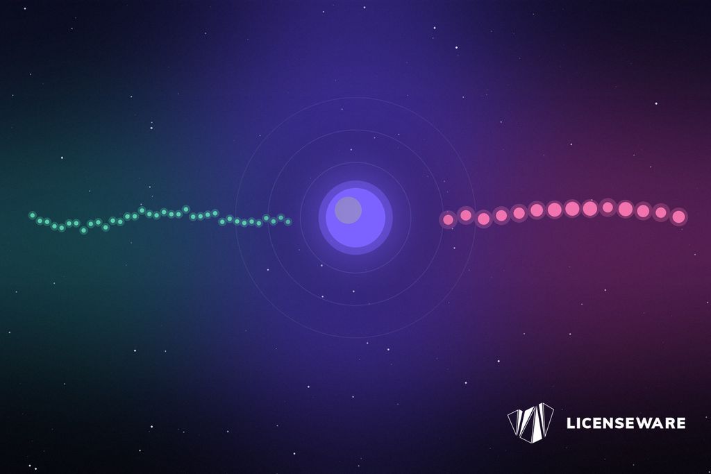 A violet star taking in a thin stream of small teal particles on one side and sending out a stream of larger pink ones on the other: input and output tokens