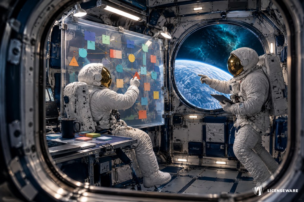 Two astronauts comparing a connected network diagram on a whiteboard aboard a space station, Earth in the window: mapping what changed between releases