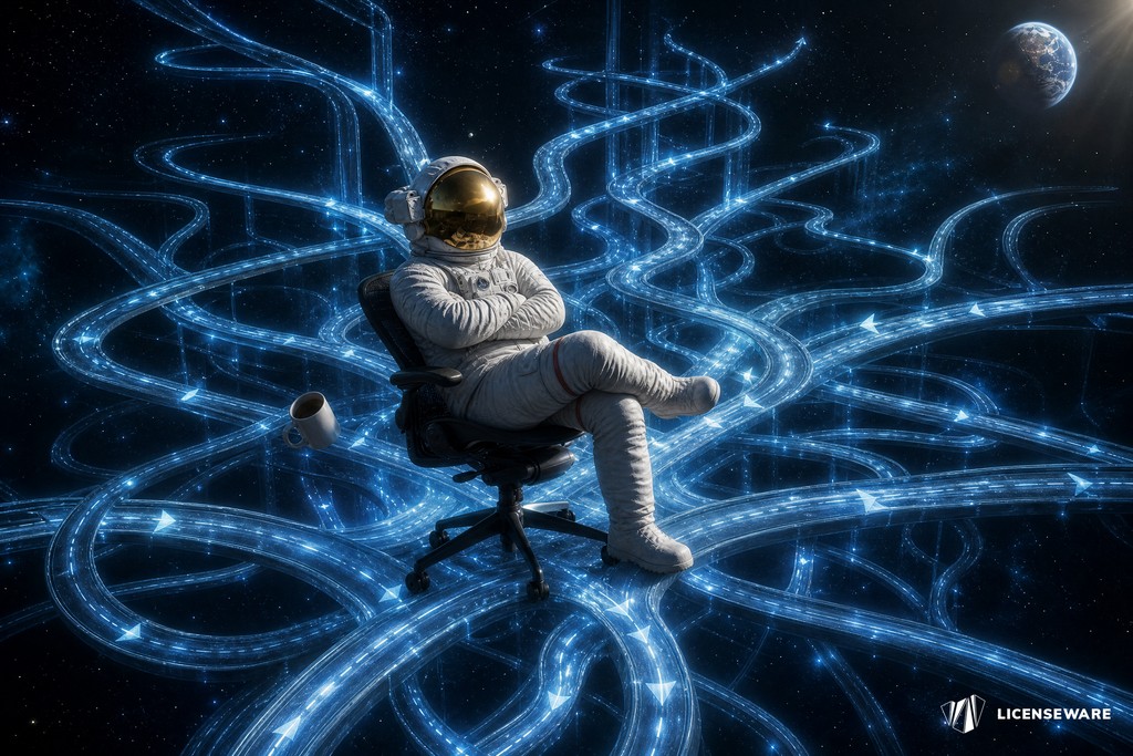 An astronaut in an office chair surrounded by tangled glowing paths in space, weighing which route to take: the upgrade paths from SQL Server 2019 to 2025
