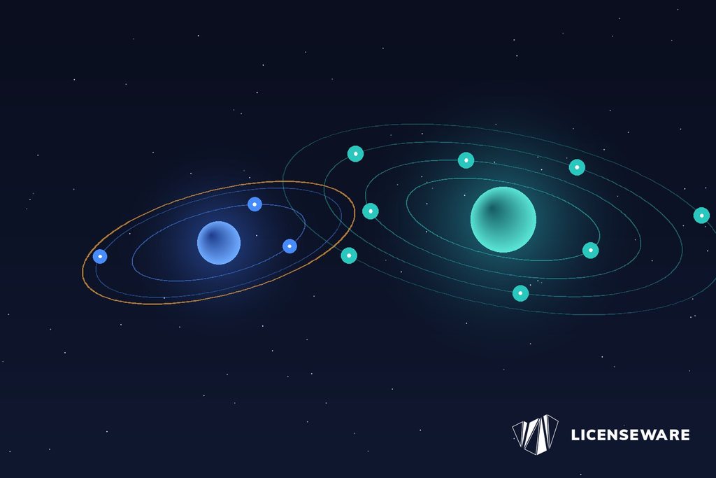 Two orbital systems side by side, a smaller blue one inside an amber boundary ring and a wider teal one with more satellites: SQL Server Standard's capped limits against Enterprise