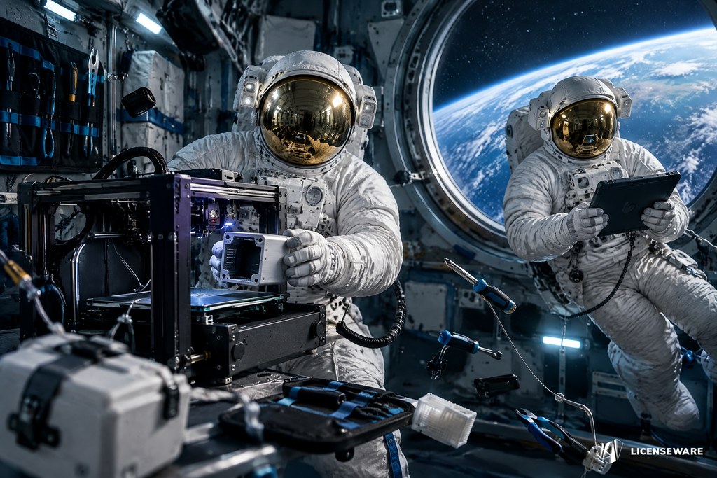 Two astronauts working a 3D printer and a tablet in an orbital workshop, Earth in the window: licensing the host, not just the VM
