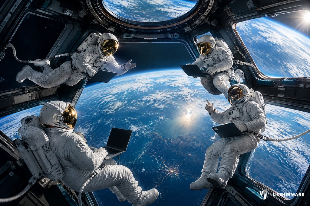 Four astronauts collaborating on laptops in a space station module, Earth in the window: weighing platform against platform