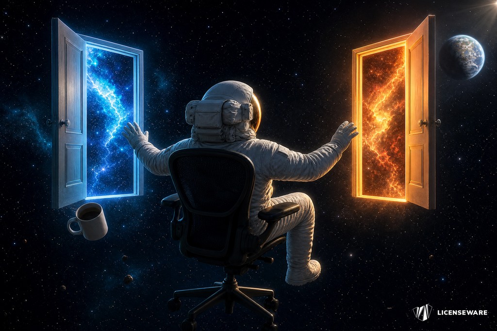 An astronaut in an office chair choosing between two open doors in space, one glowing blue and one glowing orange: weighing Windows Server 2019 against 2025